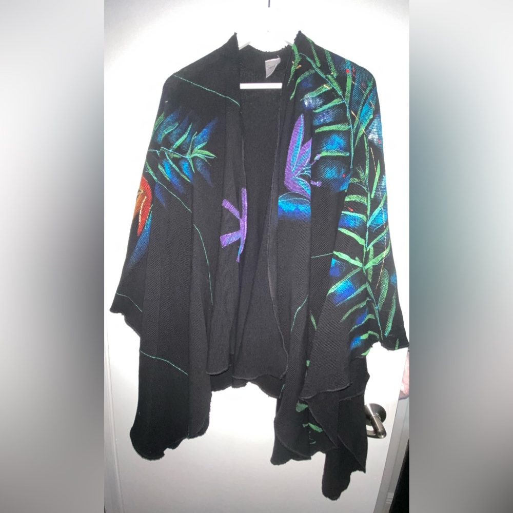 Vintage Sarah Hand Painted Originals Black Cardigan Cape Tropical Floral Unique